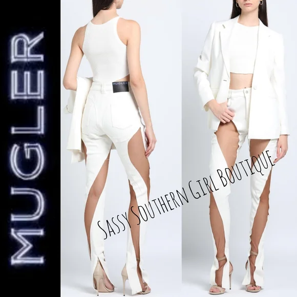 ⭐🆕MUGLER jeans ivory tan sheer panel mesh jeans